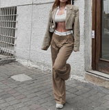 YESMYTOOL  -  Elegant Loose Gray Office Ladies Pants Fashion High Waist Straight OL Trousers Chic Spliced Full Length Women Pants