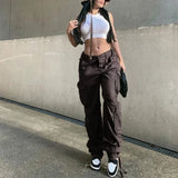 YESMYTOOL  -  Women's Straight Cargo Pants Y2k Punk 2024 Autumn Fashion Soild High Waist Loose Fit Wide Leg Trousers Vintage Jeans Streetwear