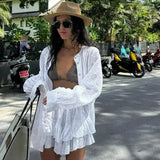 YESMYTOOL  -  High Street White Long Sleeve Shirt Suits Stand Collar Button Top Pleated Shorts Two Piece Sets Beachwear Casual Suits For Women