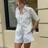 YESMYTOOL  -  Elegant Solid Color Casual 2pc Set Fashion Lapel Short Sleeve Shirts+Pocket Shorts Outfits New Female Embroidery Hollow Out Suit