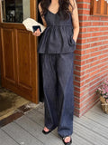 YESMYTOOL  -Korean Women's Denim Two-piece Set: Retro V-neck Cami and High Waist Wide Leg Trousers YK2 Casual Pants for Stylish Look Suit