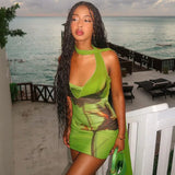 YESMYTOOL  - Halter Backless Mini Dress Beach Vacation Outfits Sexy Green Floral Summer Dresses For Women 2024 Y2K Clothing