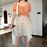 YESMYTOOL  -    Ruffle Flower Print Mini Skirt Elegant Sexy Short Skirt Layered Coquette Irregular Vintage Women Casual A-line Skirt