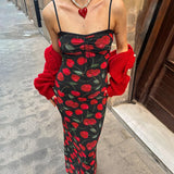 YESMYTOOL  -  Spaghetti Strap Elegant Summer Long Dress Cherry Printed Fashion Folds Beach Holidays Sundress Sexy Women's Dresses