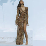 YESMYTOOL  -  Autumn Long Sleeve Leopard Chiffon Dress Sexy Lace Up Maxi Dress for Beach See Through Long Dresses Women