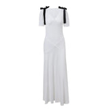 YESMYTOOL  -  Elegant White Bow Maxi Dress for Women Fashion Puff Short Sleeve Slim Party Dresses 2024 Summer Holidays Party Draped Dress