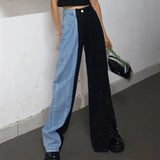 YESMYTOOL  - 2024 Summer New Black Blue Patchwork High Waist Split Jeans Fashion Baggy Straight Long Denim Pants Casual Women's Trousers