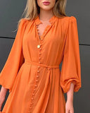 YESMYTOOL  -  Orange Ruffles Midi Dress For Women Lantern Sleeve Button Solid Dress With Belt Daily Vacation Party Vestido