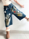 YESMYTOOL  -  Fun Graphic Print Denim Knee Length Pants American Retro Straight Wide-leg Shorts Harajuku Style Fashion Street Loose Shorts