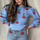 YESMYTOOL  -  hand-made cherry sweater women vintage crochet blue pullovers autumn winter streetwear casual oversized sweater 2024