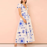 YESMYTOOL  -  New 2024 Fashion Pattern Printed Party Dress Women's Elegant Puff Sleeves Slim Dresses Sexy Low Cut Deep V High Waist Long Dress