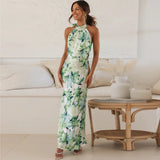 YESMYTOOL  -  Women Elegant Halter Neck Floral Print Spring Summer Slim Casual Party Long Dress