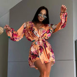 YESMYTOOL  -  V-Neck Flower Printing Jumpsuit Dress For Women Elegant Draped Lace Up Long Sleeves Elastic Waist Fashion Dress Playsuits