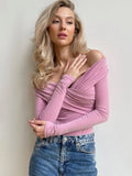 YESMYTOOL  -  2024 Sexy V-neck Long Sleeve Bodysuits Fashion Autumn Off Shoulder One Piece T-shirts Streetwear Female Folds Pink Tops Jumpsuit