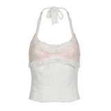 YESMYTOOL  -  Fashion Chic Ruffles Sexy Lace Top Backless Mini Ruched Y2K Aesthetic See Through Summer Halter Top Female Sweet Hot