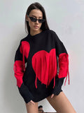 YESMYTOOL  -  Chic Sweet Love Heart Print Tassels Spliced Y2k Sweater Women O-neck Long Sleeves Casual Jumpers Lady Elegant Knitted Pullover