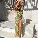 YESMYTOOL  -  Sexy Hanging Strap Printed Vestido One Line Shoulder Backless Fashion Asymmetrical High Split Wrapped Hip Dress