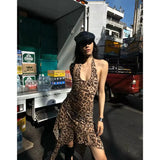 YESMYTOOL  - Summer Women Leopard Print Sexy Suspender Dress Sleeveless Hanging Neck Collar Fashion Irregular Spicy Girl Short Skirt Dress