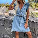 YESMYTOOL  -  Elegant V Neck Single Breasted Denim Dress New Flying Sleeve Lace-up Ruffle Slim Dress Fashion Casual Holiday A-line Short Dress