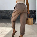 YESMYTOOL  -  Office Lady Elastic Waist Pocket Long Pants Vintage Loose Pleated Sports Trousers Summer Casual High Street Solid Straight Pants