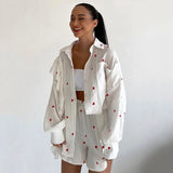 YESMYTOOL  -  Heart Pattern Long Sleeve Blouse Short with Pocket Two Piece Set Fashion Cotton Linen Ruffle Shirt Shorts for Women Summer Suit