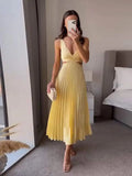 YESMYTOOL  -  Sexy Hollow Out Women Pleated Solid Midi Dress Elegant V-neck Backess Sleeveless Slim Dresses Summer Lady Party Club Robes 2024