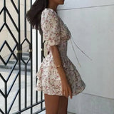 YESMYTOOL  - Sexy Floral V-Neck Lace-Up Ruffle Mini Dress for Woman Elegant Short-Sleeved A-Line Mini Dress Summer Casual Holiday Lady Wear