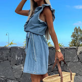 YESMYTOOL  -  Elegant V Neck Single Breasted Denim Dress New Flying Sleeve Lace-up Ruffle Slim Dress Fashion Casual Holiday A-line Short Dress