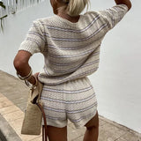 YESMYTOOL  -  New 2024 Striped Knitted Two Piece Sets Summer Women's O-neck Top with Shorts Suit Fashion Color Blocking Slim Fit Beach Outfits