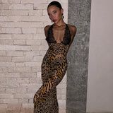 YESMYTOOL  -  Sexy Leopard Print Maxi Dress Women 2024 Summer Backless Backless Lace Patckwork Deep V-neck Party Dresses Nightclub