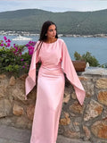 YESMYTOOL  -  Elegant Pink Satin Half Flare Sleeved Long Dress Women Fashion O Neck Bodycon Maxi Dresses 2024 New Lady Vocation Party Robes