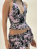 YESMYTOOL  -  Floral Halter Tank Top A-Line Ruffles Mini Skirt Set Women Open Back Vest Short Skirt Slim Y2K Outfit Hottie Streetwear