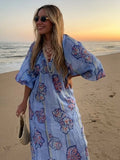 YESMYTOOL  -  Casual Printed Long Dresses Loose Striped V Neck Half Lantern Sleeve Female Dress 2024 Summer Lady Holiday Beach Linen Robes