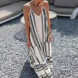 YESMYTOOL  -  Elegant Casual Print Sleeveless Ruffle Party Dress Summer V Neck Sling Loose Dress Women Fashion Holiday Boho Beach Long Dresses