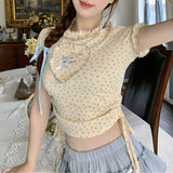 YESMYTOOL  -  Kawaii Short Sleeve Women Bow Ruffle Coquette Crop Top Sweet Lace Up Patchwork Japanese Style Harajuku Slim Up T-shirts