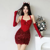 YESMYTOOL  -  Red Mini Christmas Dress Women Fashion Bow Sequin Patchwork Bodycon Dresses Sexy Halter Backless Evening Party Dress 2024