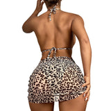 YESMYTOOL  -   New Leopard Print Hanging Neck Bikini Swimsuit, European and American Sexy Mesh Skirt Style Three Piece Split Swimsuit