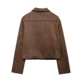 YESMYTOOL  -  Vintage Suede Short Jackets Women Casual Lapel Single-breasted Long Sleeve Coat 2024 Autumn New Female Chic Brown Tops Outwear