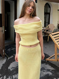 YESMYTOOL  -  Knitted Ribbed Women's Skirt Set Off Shoulder Cropped Tops Long Skirt Sexy Evening 2024 Autumn New Yellow High Waist Knit Suit