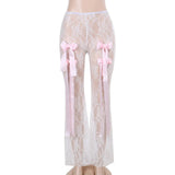 YESMYTOOL  -   Bow Tie See Through Lace Flare Pants Street Wear Bottoms Women Y2k Fashion Sexy White High Waisted Pants