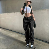 YESMYTOOL  -  Women's Straight Cargo Pants Y2k Punk 2024 Autumn Fashion Soild High Waist Loose Fit Wide Leg Trousers Vintage Jeans Streetwear