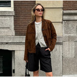 YESMYTOOL  -  Vintage Suede Short Jackets Women Casual Lapel Single-breasted Long Sleeve Coat 2024 Autumn New Female Chic Brown Tops Outwear