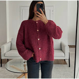 YESMYTOOL  -  Casual Knit Single Breasted Cardigans Women O-neck Long Sleeve Fluffy Short Sweaters Cardigan 2024 Autumn New Lady Elegant Tops