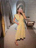 YESMYTOOL  -  Ladies V Neck Plaid Print Maxi Summer Dress Women Fly Sleeve High Waist Big Hem Slim Long Dresses Holiday Vestidos Robe Female