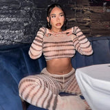 YESMYTOOL  -  Mesh Print See Through Sexy Two Piece Set for  Women Autumn Slim Long Sleeve Crop Top High Waist Casual Pants Party Clubwear