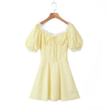 YESMYTOOL  -  Yellow Lace Mini Dress Women Short Puff Sleeve Dresses A Line Square Neck Skirt Ladies Back Strap Beach Patry Clothes Y2k 2000s