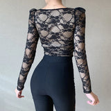 YESMYTOOL  -  Fashion Square Neck Black Top Vintage Lace Sexy Streetwear Women T Shirts See Through Long Sleeve Bodycon Spring Elegant Tops