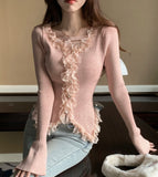 YESMYTOOL  -  Women Sweet Pink Lace Ruffles V-neck Slim Casual Cardigan Sweaters Gray Long Sleeve Knit Office Tops 2024Autumn Winter French