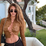 YESMYTOOL  -  Brown Lace Tops for Women Sexy See Through Bodycon Long Sleeve T-Shirts Autumn Winter Fashion Bandage Club Party Blouse 2024