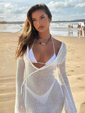 YESMYTOOL  -  Summer Beach Dress Women Sexy Backless Knitted Long Dresses Hollow Out See Through Long Sleeve Holiday Sundress